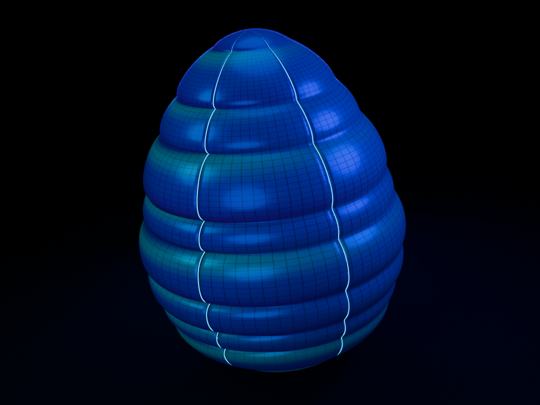 A luminous blue and teal egg built from curved, tiled panels.